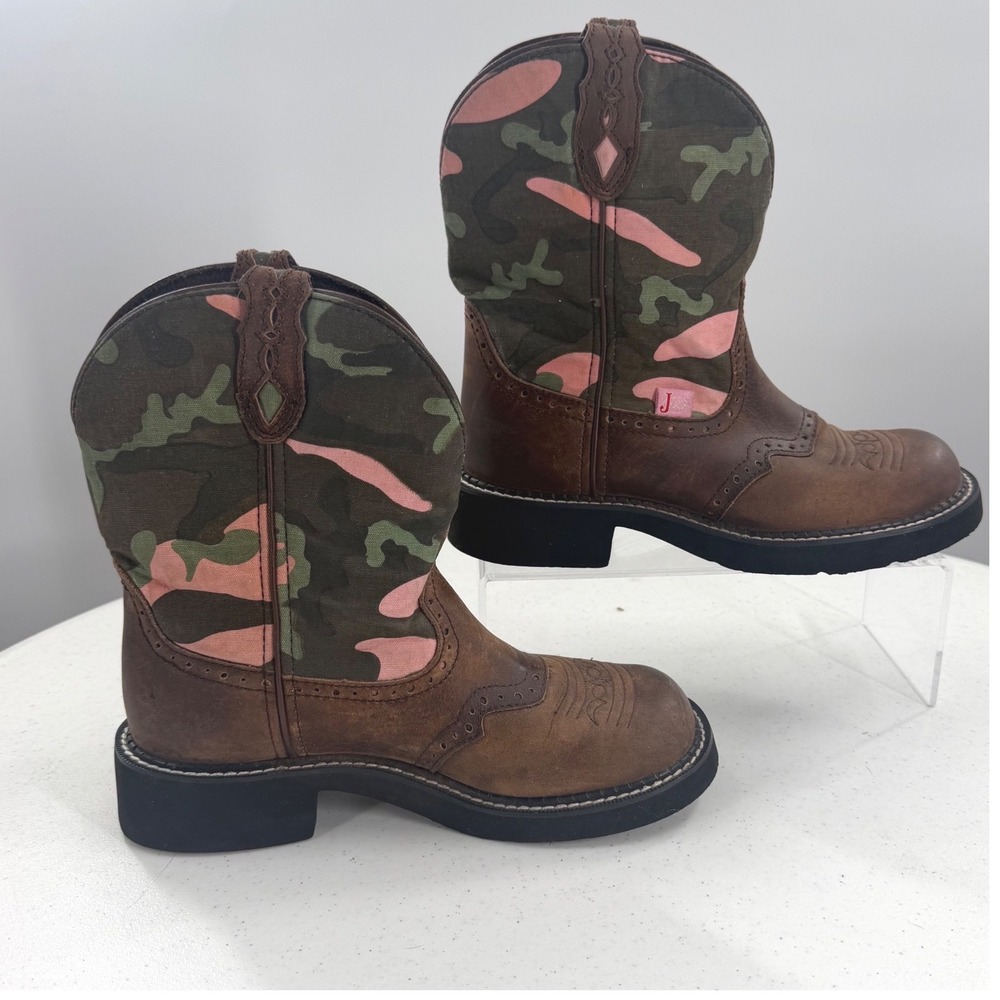 Justin Gypsy Cowgirl Boots Brown Leather Pink Camo L9913 Womens 7B Round Toe - Picture 6 of 9